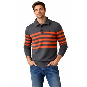 American Eagle Mens Athletic Fit Striped Polo Sweater Gray Orange Large